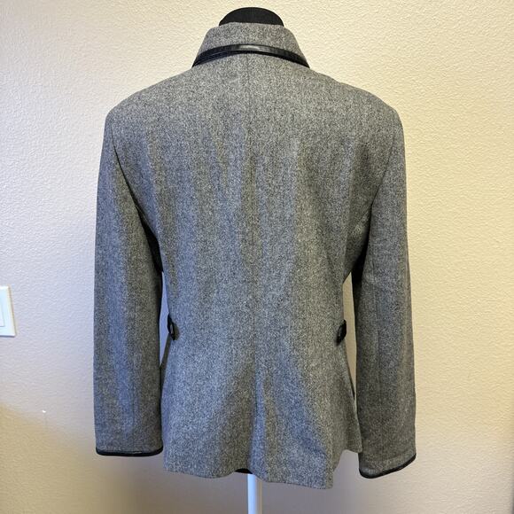VTG Oscar De La Renta Sz 10 Gray lined Wool Jacket Leather Trim Classic Designer - Picture 2 of 12